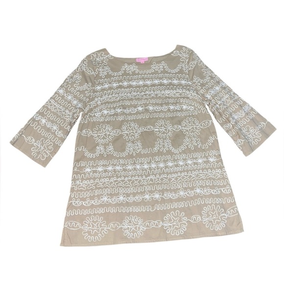 EUC Lilly Pulitzer Yasmine Embroidered Neutral Cotton Tunic Top in Tan Size 12 - Picture 1 of 7